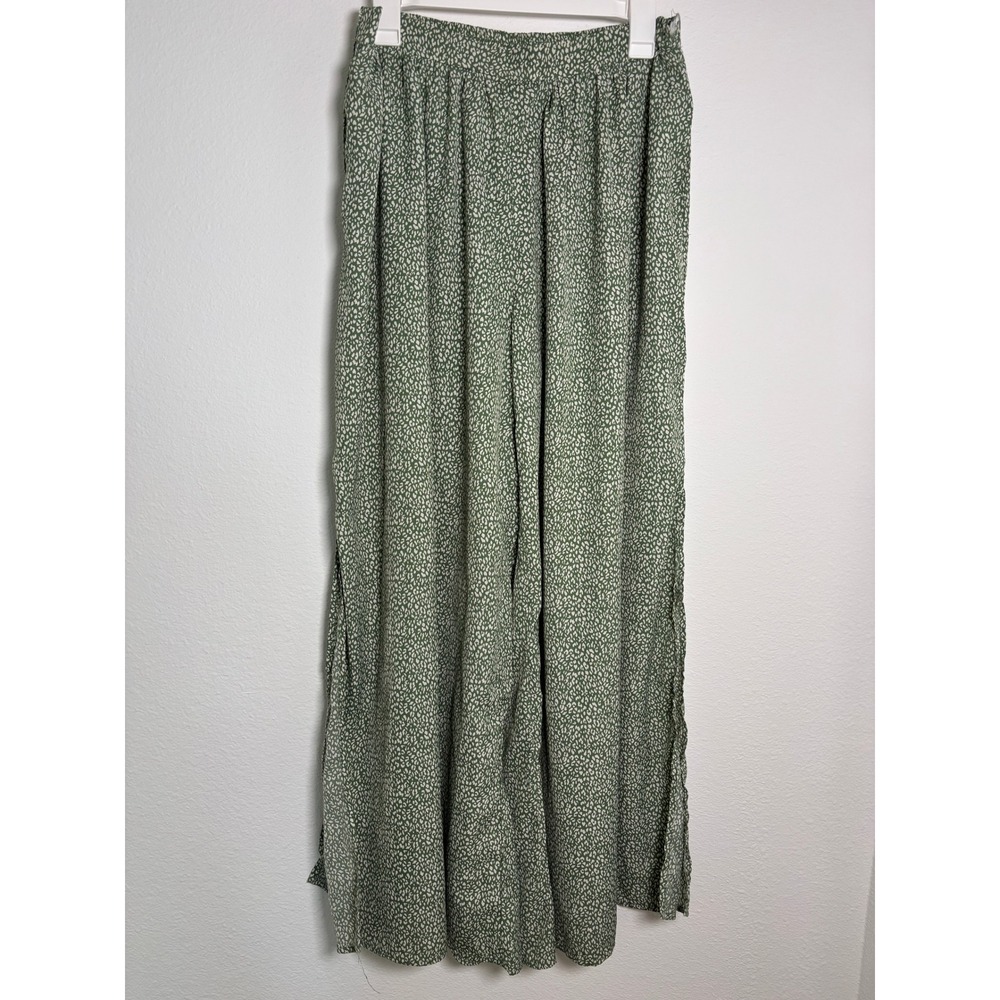 L Love Sage Green Animal Print Wide Leg Side Slit Pants Size M